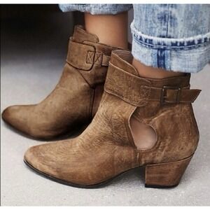 Free People Belleville Keyhole Leather Tan Chunky Heel Ankle Boot Women's Sz 10